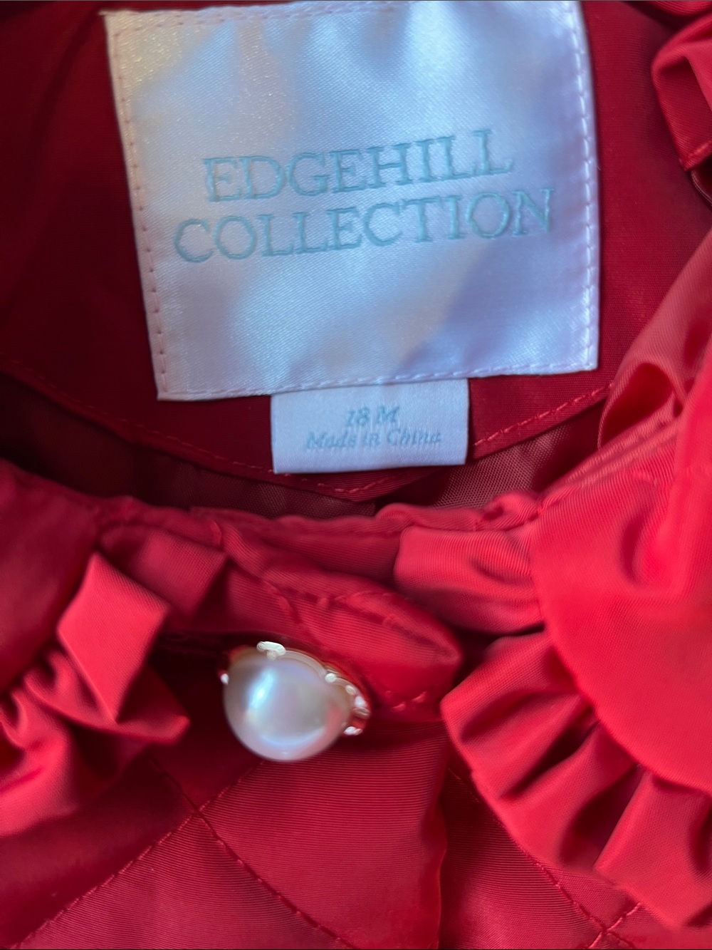 Edgehill Collection Red Quilted Jacket with Ruffle Collar and Pearl Buttons - Picture 3 of 12
